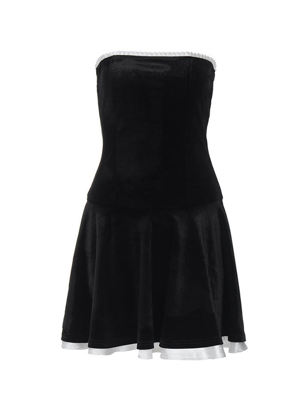 Black Classic Velvet Splice Pleated Bandeau Mini Dress
