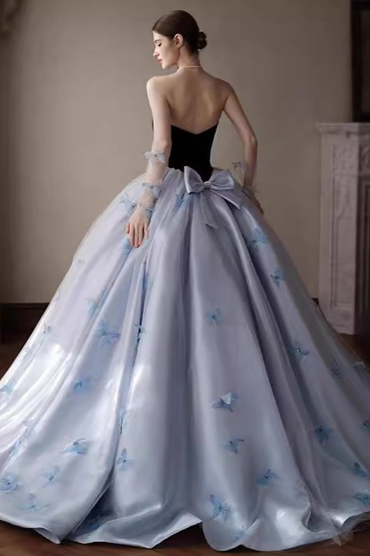 Flower Applique Strapless Ball Gown Prom Dress