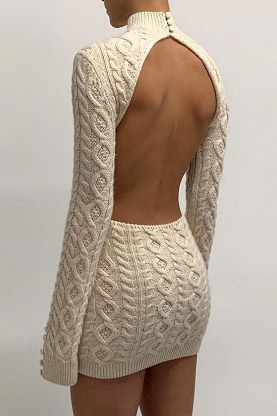 High Backless Neck Cable Knit Winter Sweater Mini Dress - Cream