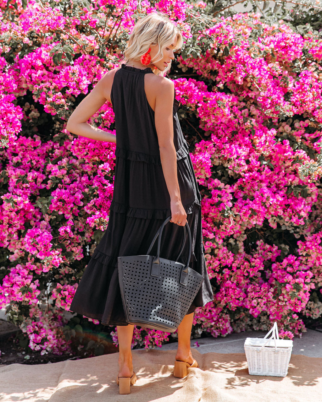 Cotton Ballard Blend Pocketed Tiered Midi Dress Black