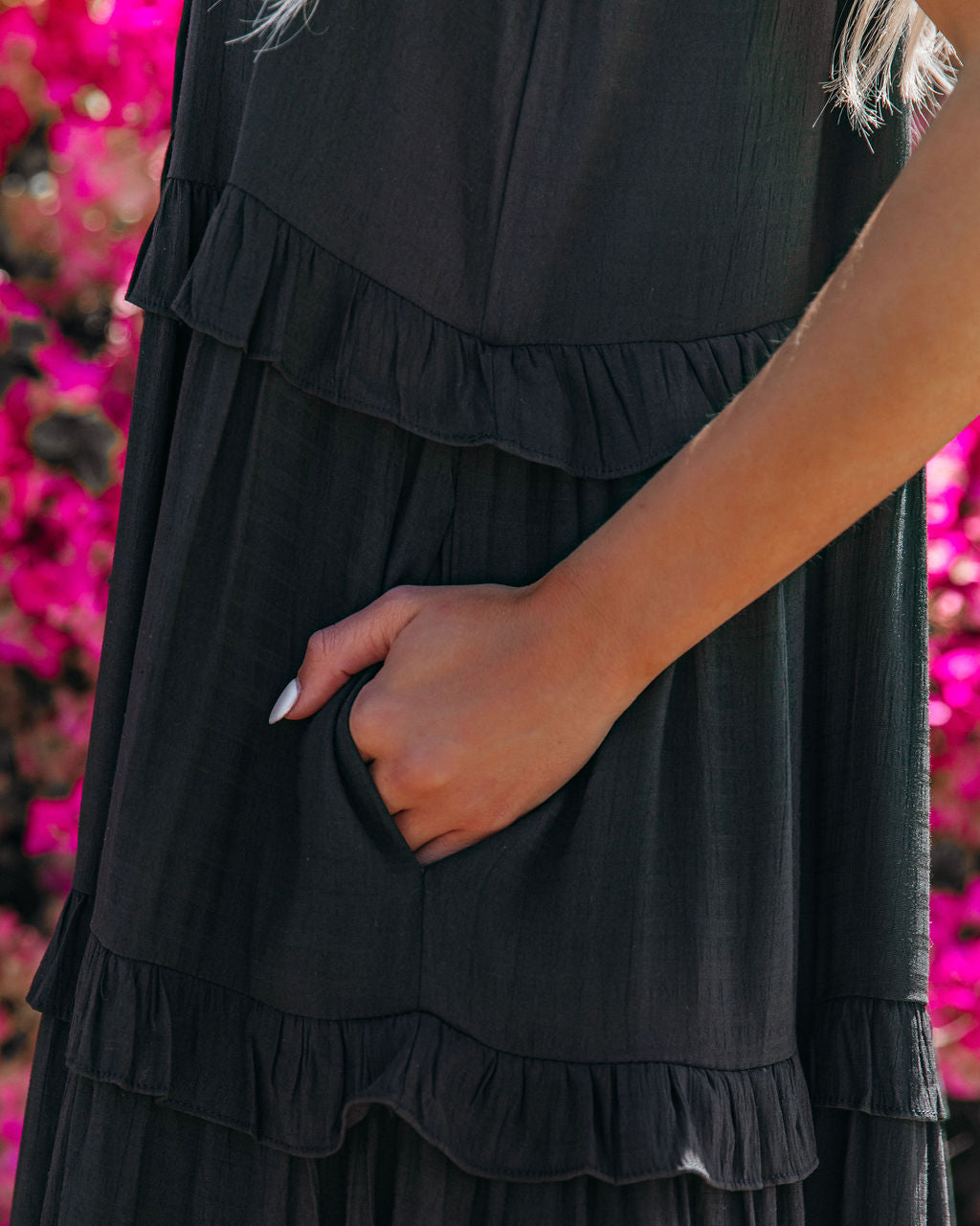 Cotton Ballard Blend Pocketed Tiered Midi Dress Black