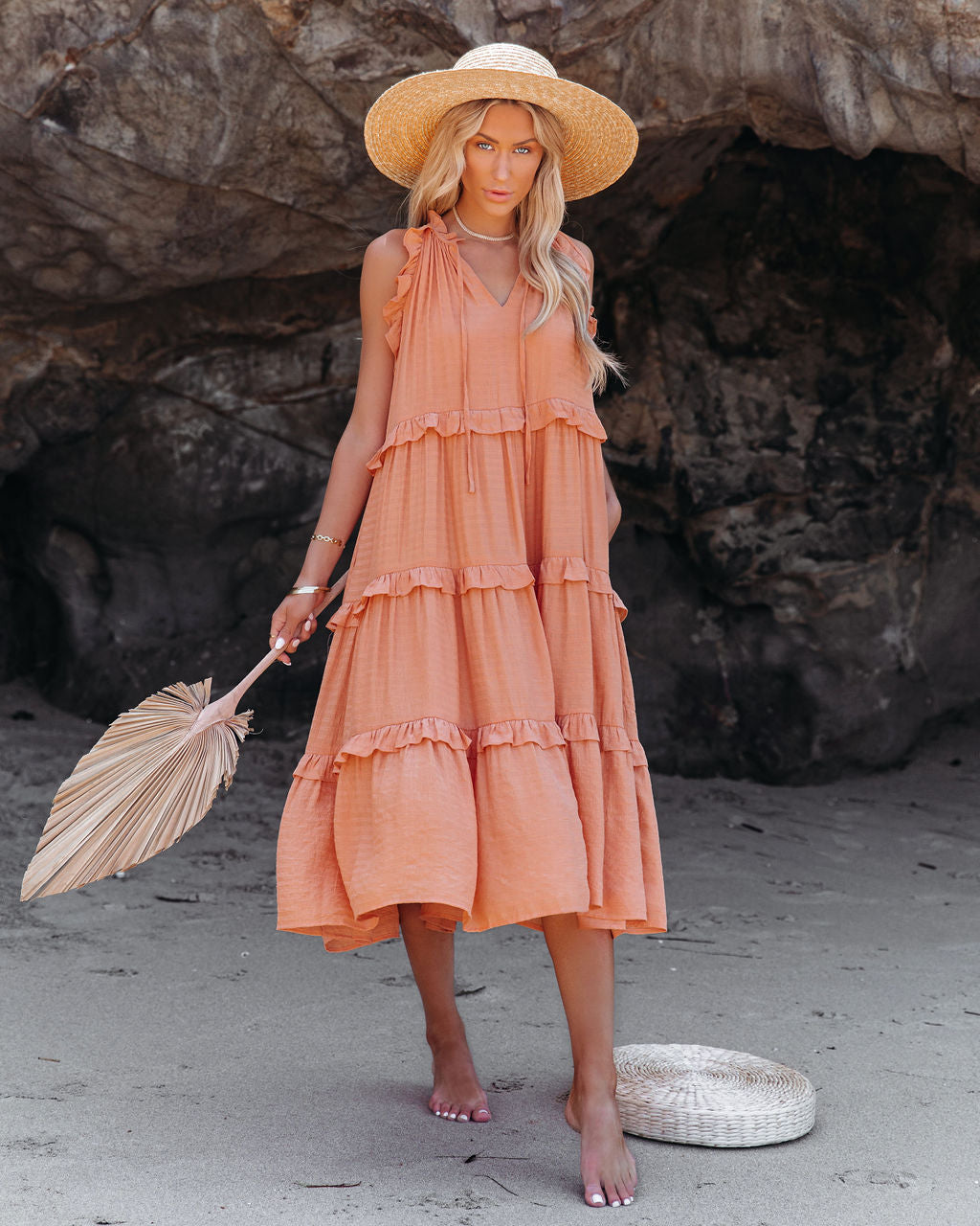 Cotton Ballard Blend Pocketed Tiered Midi Dress Papaya