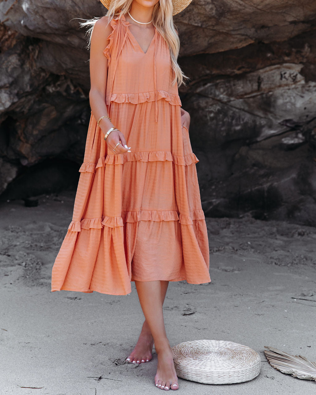 Cotton Ballard Blend Pocketed Tiered Midi Dress Papaya