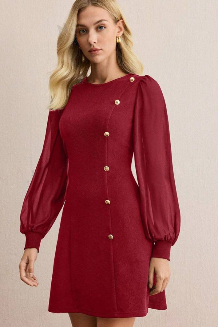 Neck Crew Button Mini Dress
