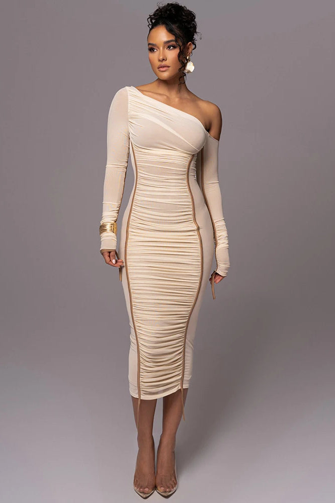 Collar Diagonal Mesh Midi Dress
