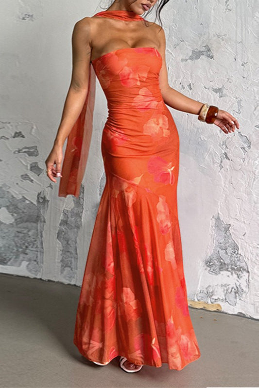 Glamorous Strapless Mesh Tie Detail Maxi Floral Dress