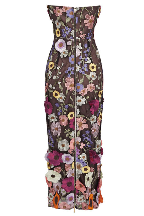 Beautiful Flower Embroidered Bodycon Strapless Cocktail Party Midi Dress - Bloom