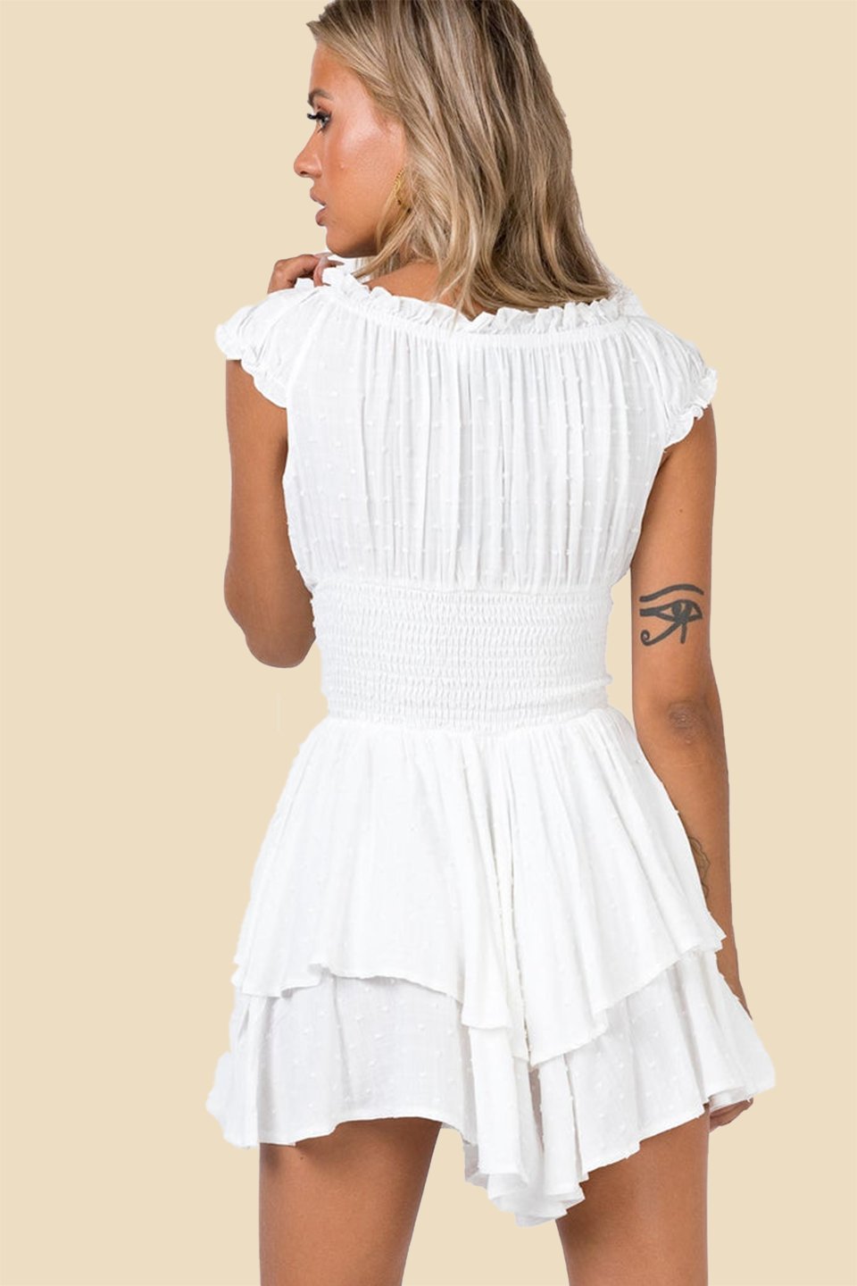 Shirred Belau Bodice Ruffle Flared Mini Dress