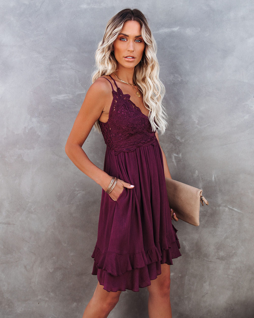 My Of Love Pocketed Lace Ruffle Dress Plum
