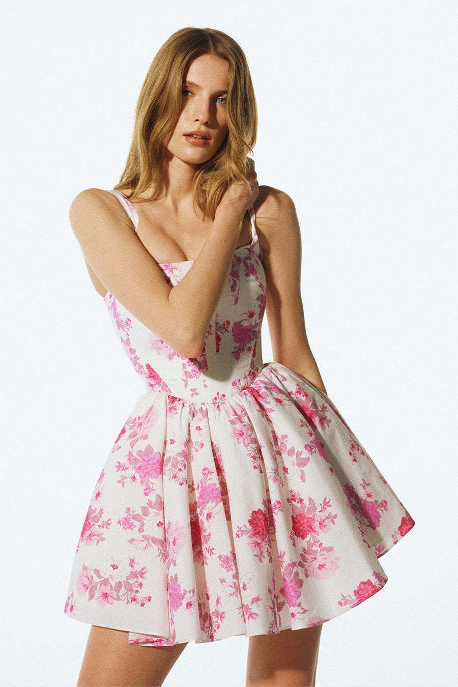 Off Shoulder Botanical Ruched Mini Dress