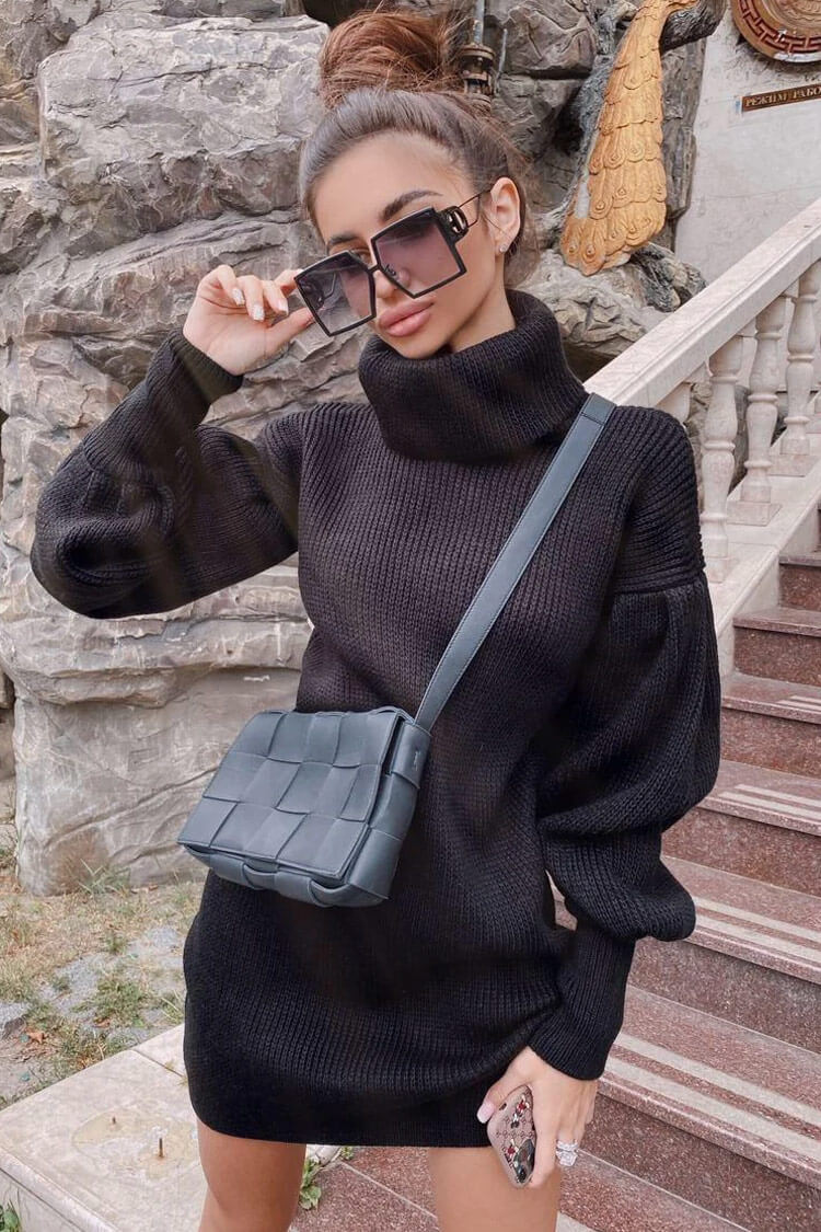 Sleeve Bishop Turtleneck Winter Sweater Mini Dress - Black