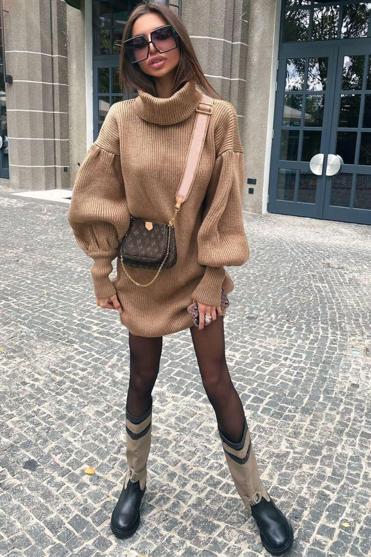 Sleeve Bishop Turtleneck Winter Sweater Mini Dress - Camel