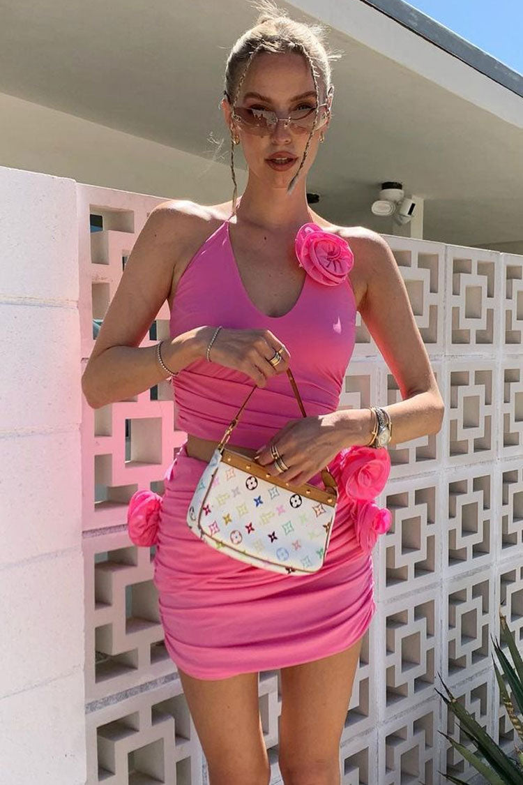 3D Bloom Flower Halter Ruched Bodycon Cutout Party Mini Dress - Hot Pink