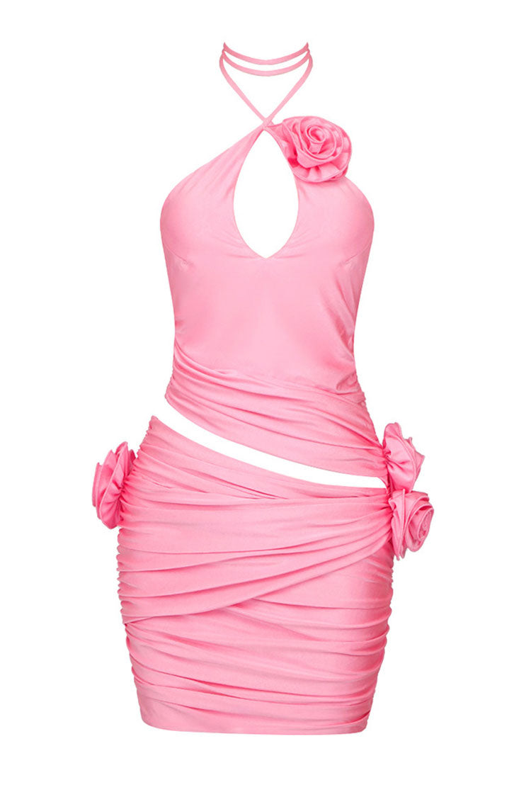 3D Bloom Flower Halter Ruched Bodycon Cutout Party Mini Dress - Hot Pink