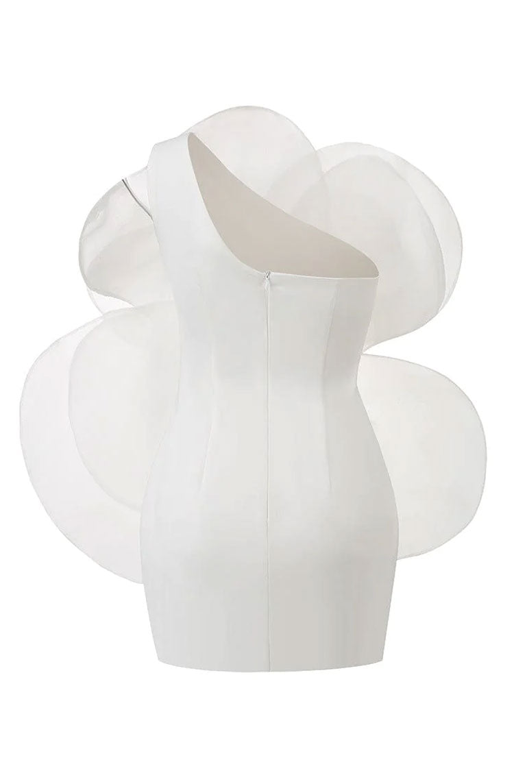 Rosette Blooming Applique One Shoulder Silky Satin Party Mini Dress - White