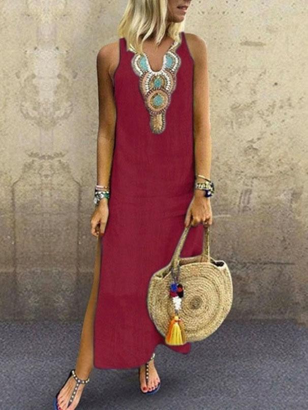 Bohemian Sleeveless Deep V neck Side Slit Dress