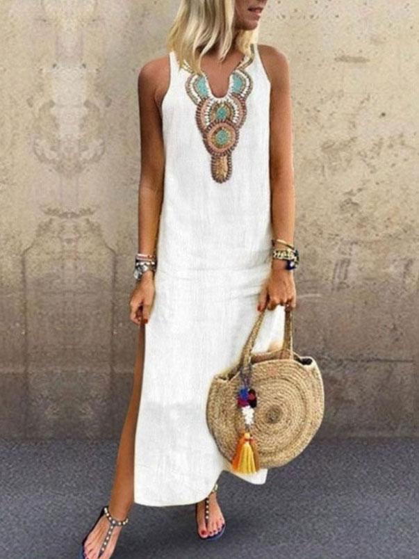 Bohemian Sleeveless Deep V neck Side Slit Dress
