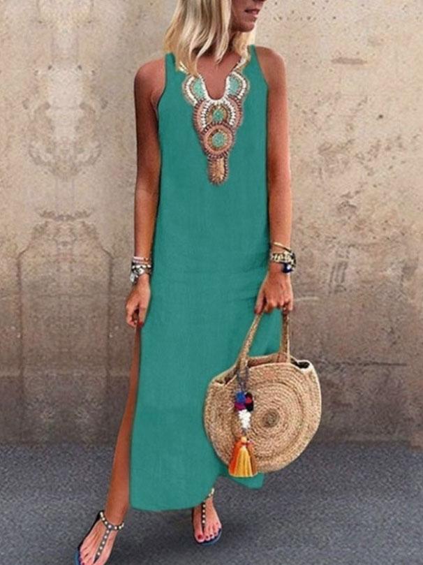 Bohemian Sleeveless Deep V neck Side Slit Dress