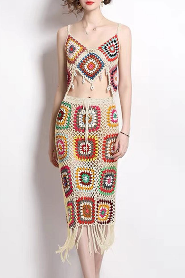 Chic Boho Fringe Granny Square Crochet Knit Two Piece Midi Dress - Apricot