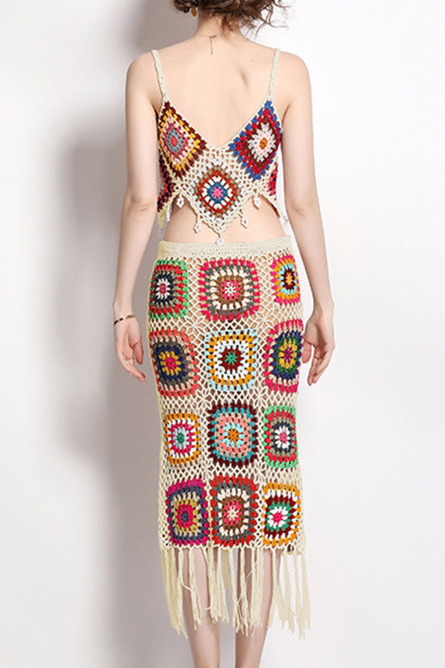 Chic Boho Fringe Granny Square Crochet Knit Two Piece Midi Dress - Apricot