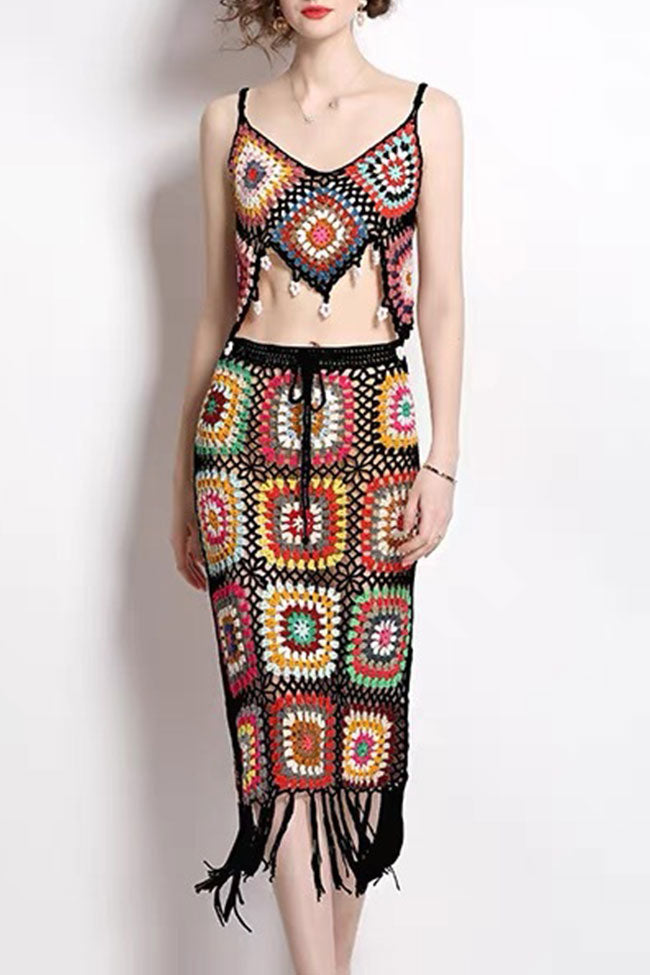 Chic Boho Fringe Granny Square Crochet Knit Two Piece Midi Dress - Black