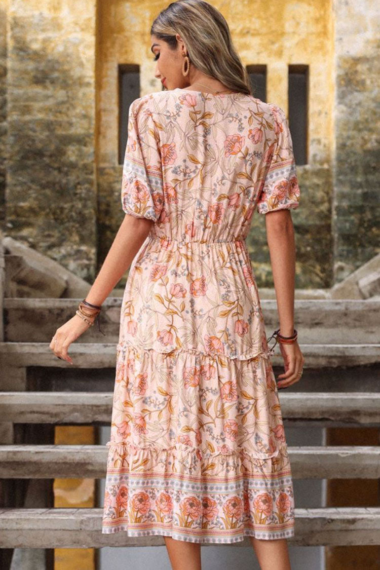 Boho Chic V Neck Ruffle Tiered Bloom Printed Midi Dress - Pink