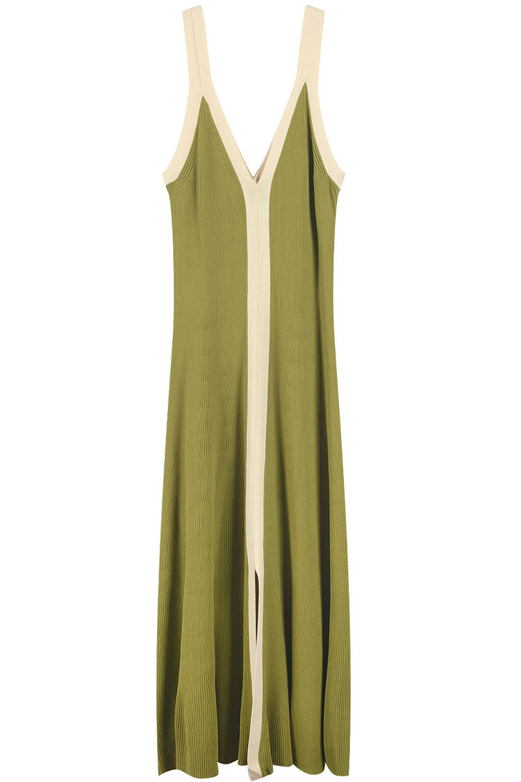Contrast Breezy Trim V Neck Sweater Beach Vacation Midi Dress - Green