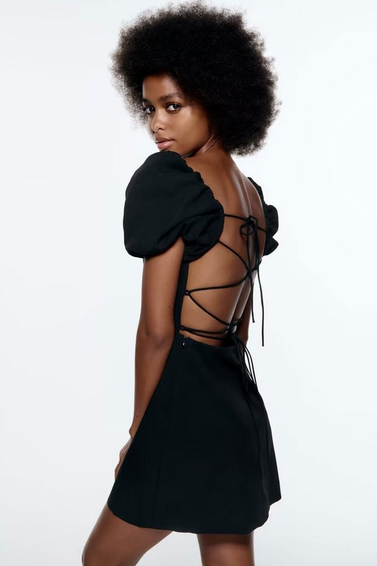 Ruched Breezy Square Neck Puff Sleeve Lace Up Back Party Mini Dress - Black