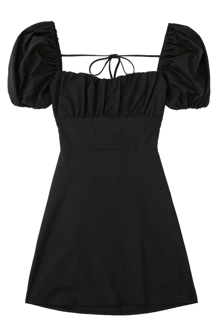 Ruched Breezy Square Neck Puff Sleeve Lace Up Back Party Mini Dress - Black