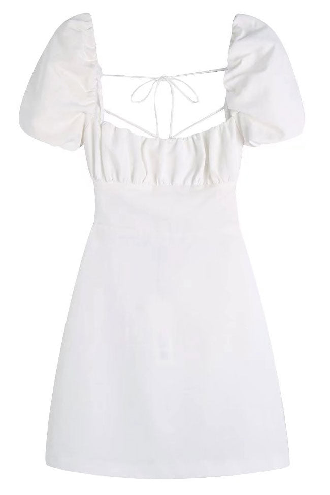Ruched Breezy Square Neck Puff Sleeve Lace Up Back Party Mini Dress - White