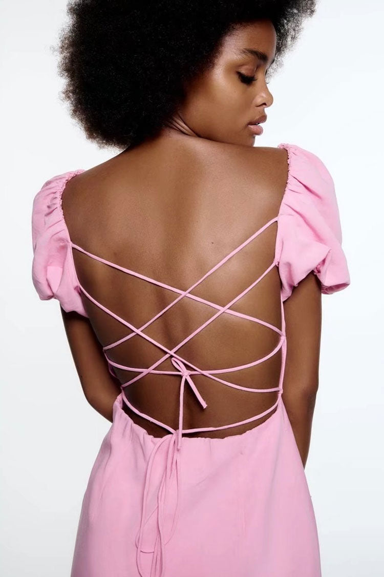 Ruched Breezy Square Neck Puff Sleeve Lace Up Back Party Mini Dress - Pink