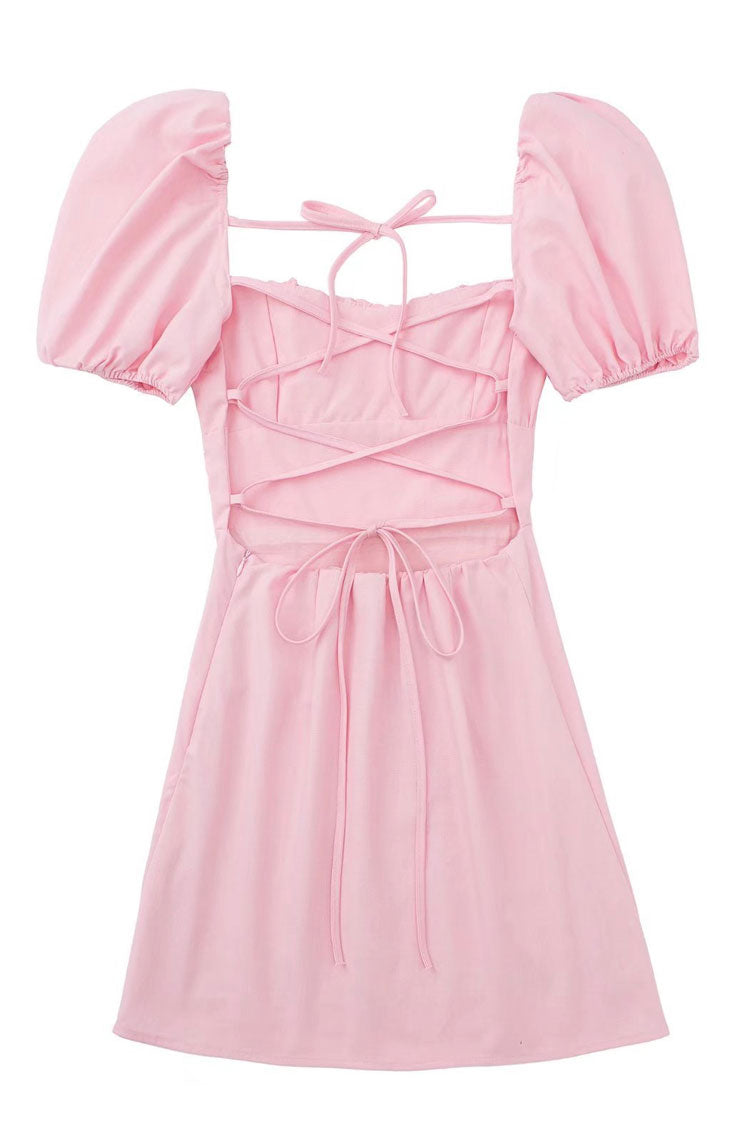 Ruched Breezy Square Neck Puff Sleeve Lace Up Back Party Mini Dress - Pink