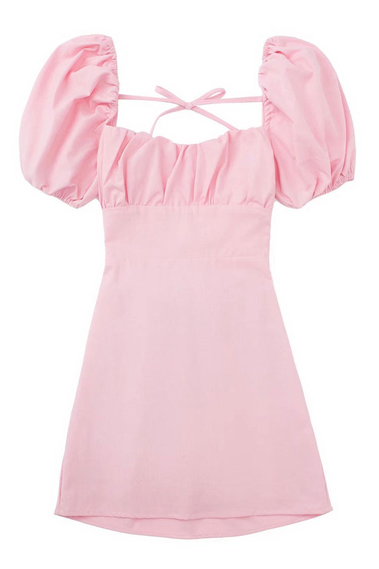 Ruched Breezy Square Neck Puff Sleeve Lace Up Back Party Mini Dress - Pink