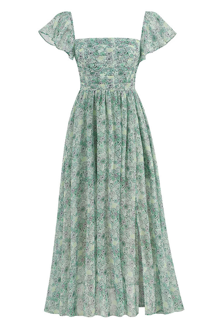 Breezy Square Neck Pleated Fit & Flare Split Bloom Printed Midi Dress - Green