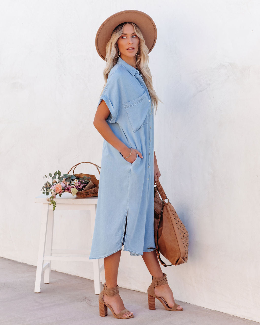Pocketed Briley Tencel Button Down Midi Dress Chambray