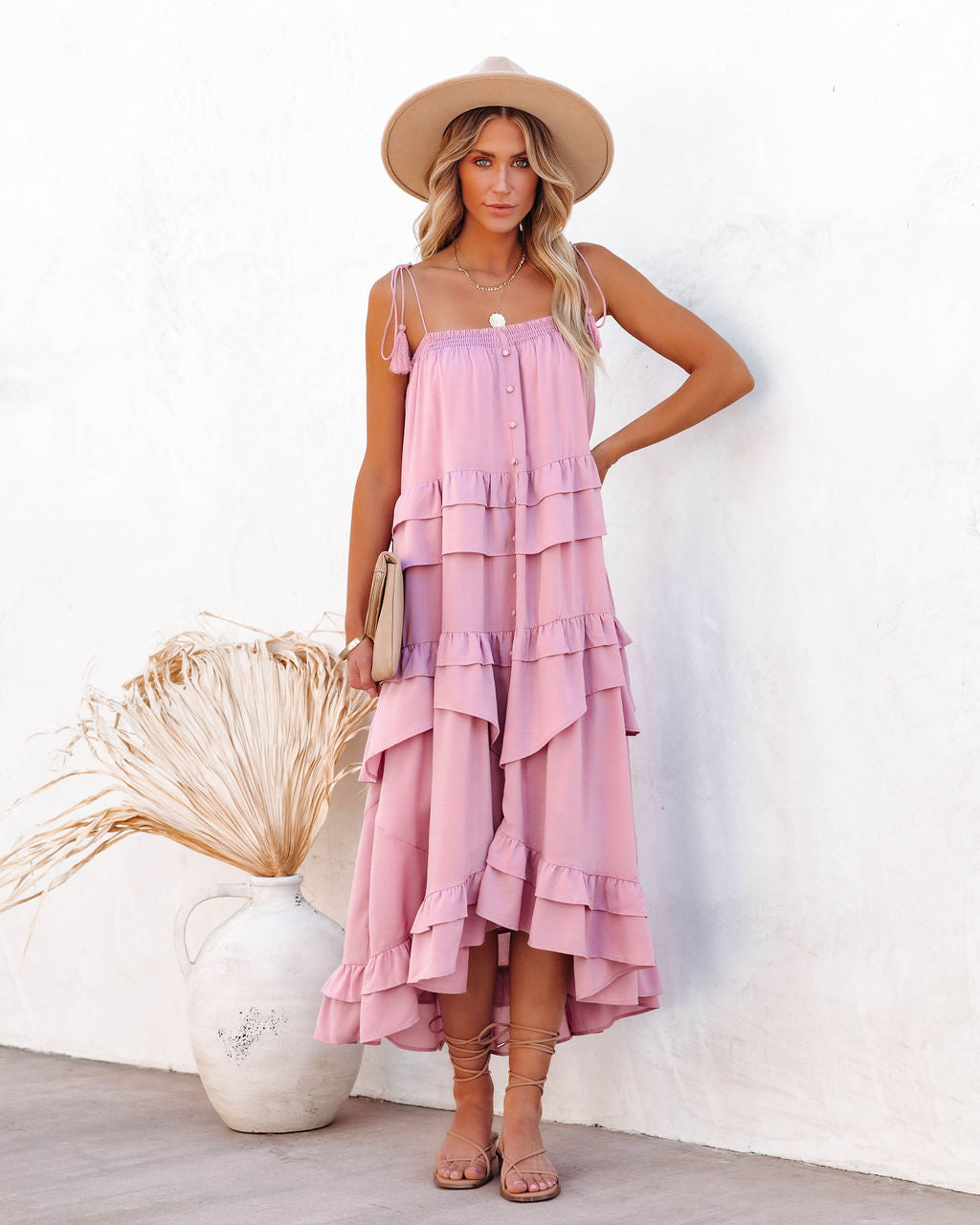 Tiered Brisbane Tassel Midi Dress Mauve