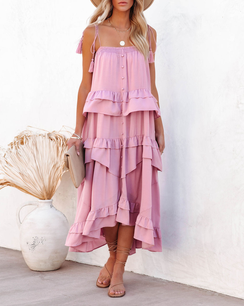 Tiered Brisbane Tassel Midi Dress Mauve