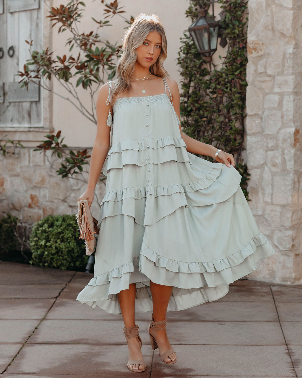 Tiered Brisbane Tassel Midi Dress Sage