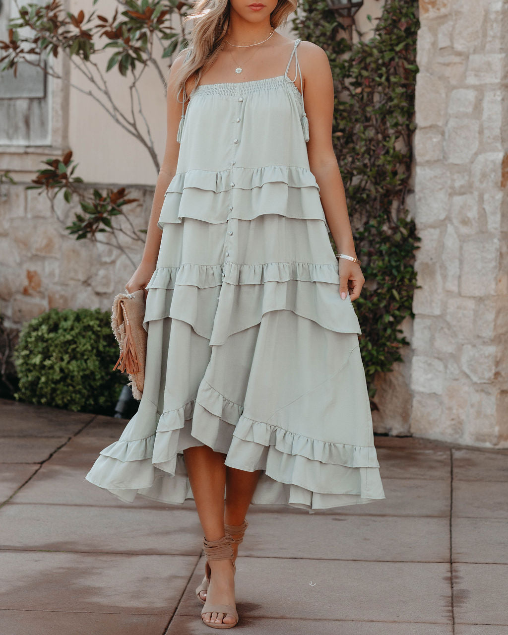 Tiered Brisbane Tassel Midi Dress Sage