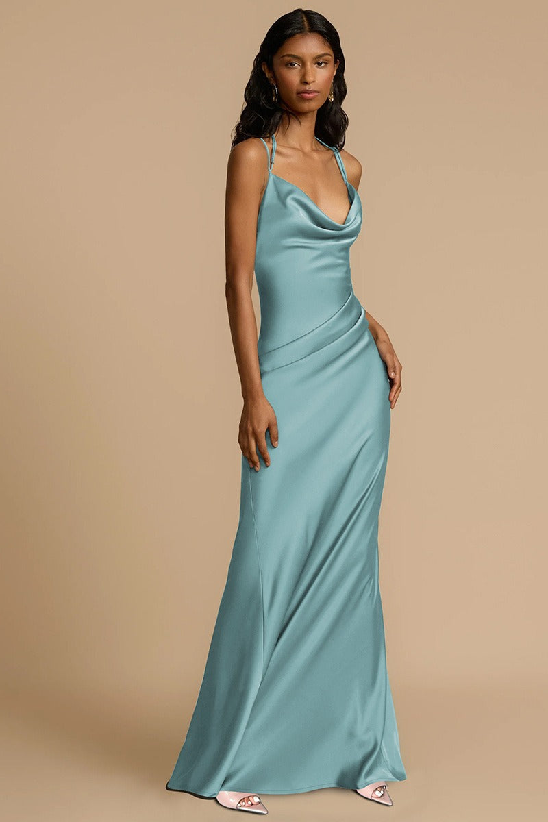 Backless Solid Color Draped Neck Graceful Prom Dress