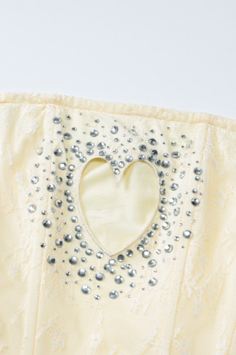 Rhinestone Strapless Cutout Heart Lace Bodycon Mini Dress