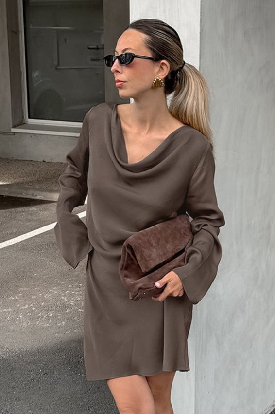 Neck Cowl Long Sleeve Fitted Midi Dress