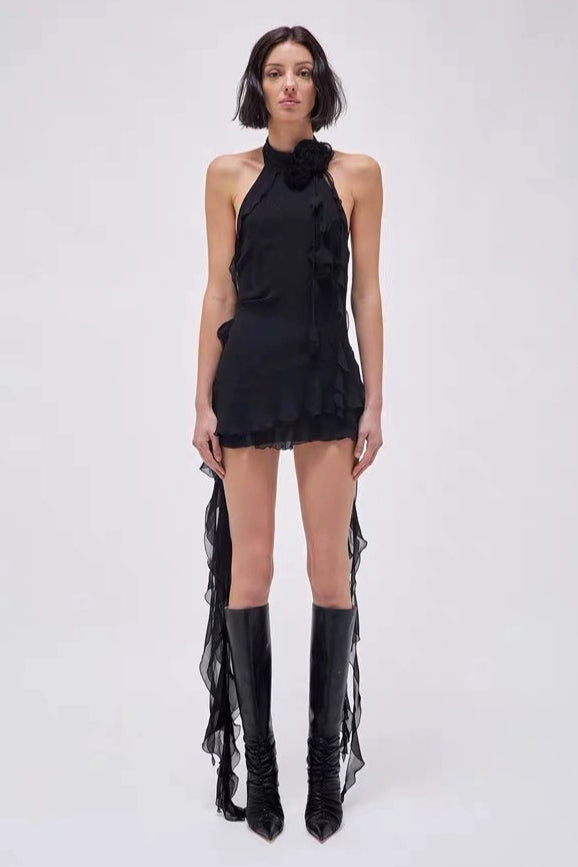 Rose Asymmetric Halter Mini Dress