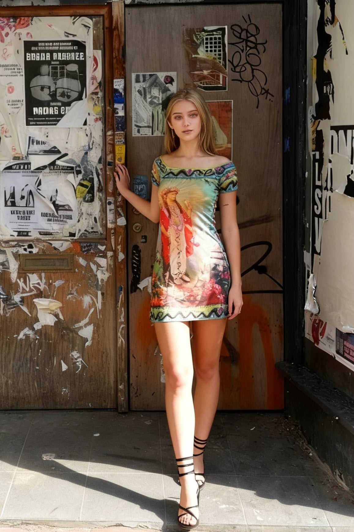 Mesh Y2K Print Crew Neck Mini Dress