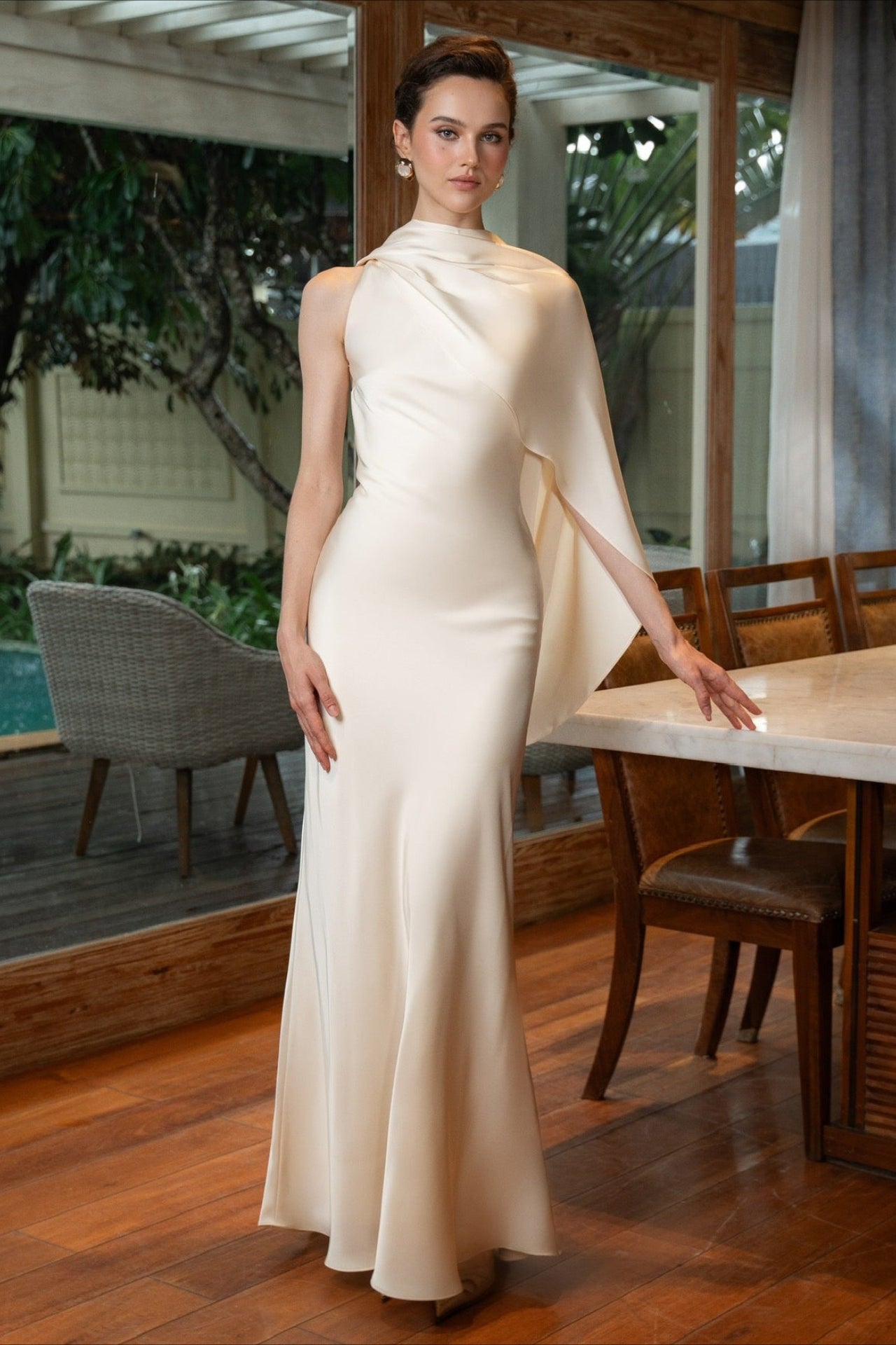Graceful Solid Color Satin Draped Back Long Prom Dress