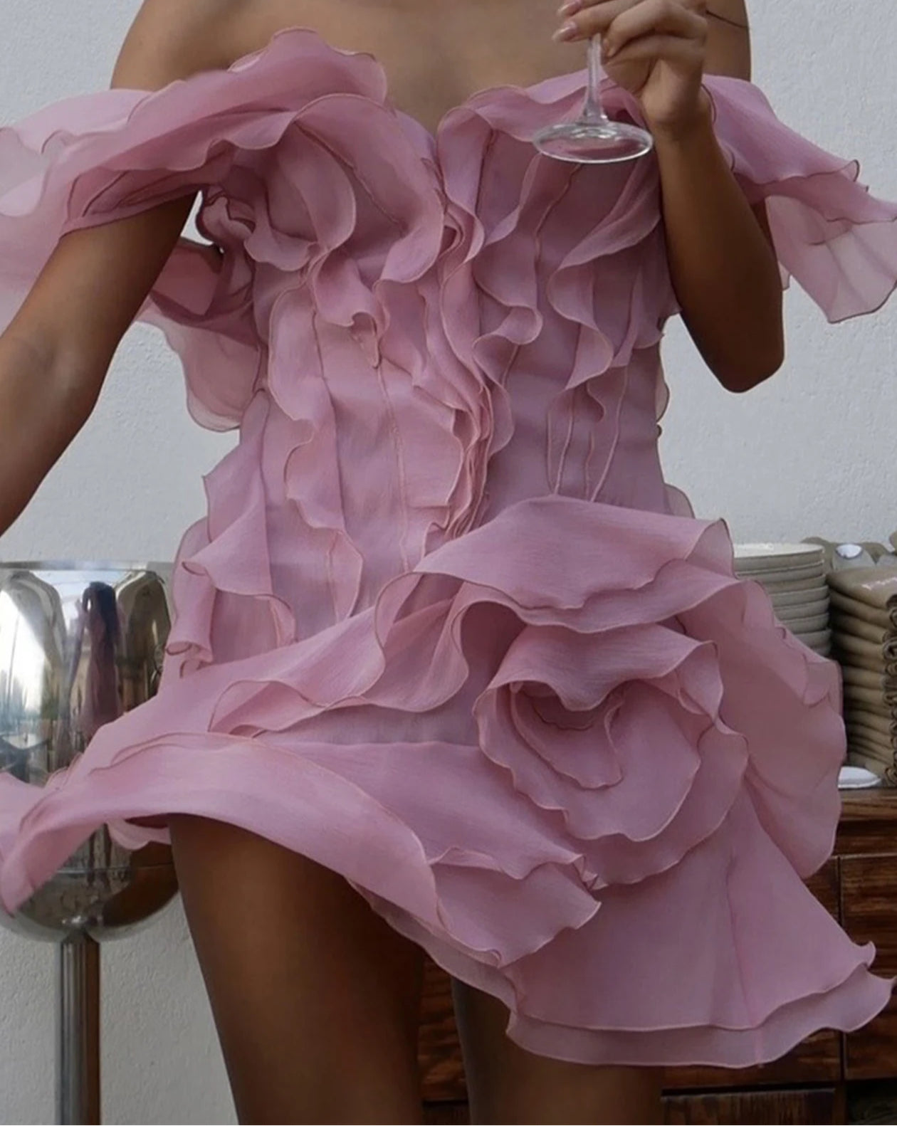 Backless Ruffle Mesh Prom Mini Dress