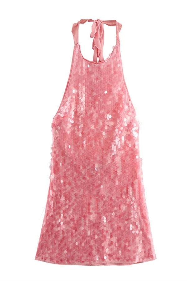 Aesthetic Katherine Backless Halterneck Mini Dress with Rose Disc Pattern and Sequins Designer Edit