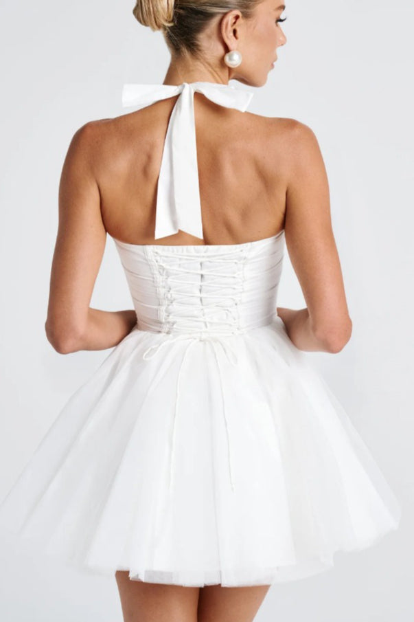 Halter Boned Lace Tie Waist Tulle Mini Dress