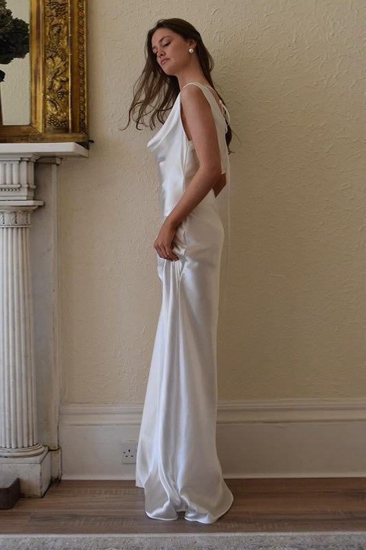 Satin Off Shoulder Backless Tie Waist Slim Fit Long Chic Prom Dress