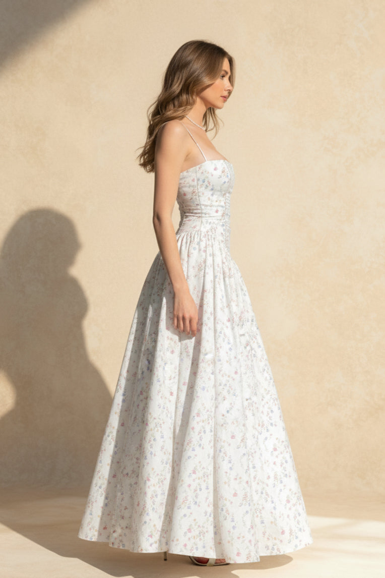 Chiffon Pleated Bloom Off Shoulder Maxi Dress